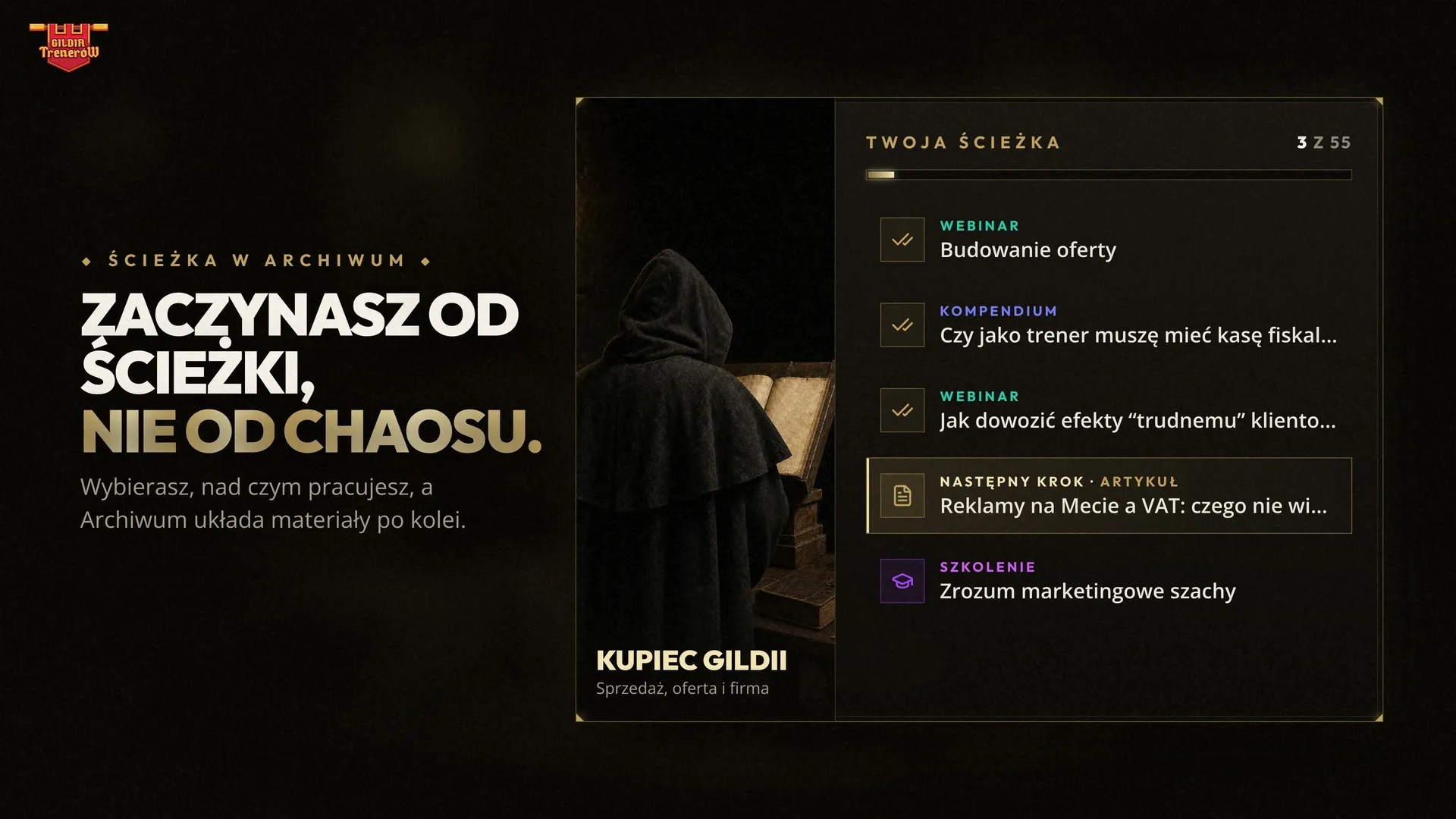 Kadr z filmu o Gildii Trenerów: ścieżka w Archiwum z kolejnymi materiałami